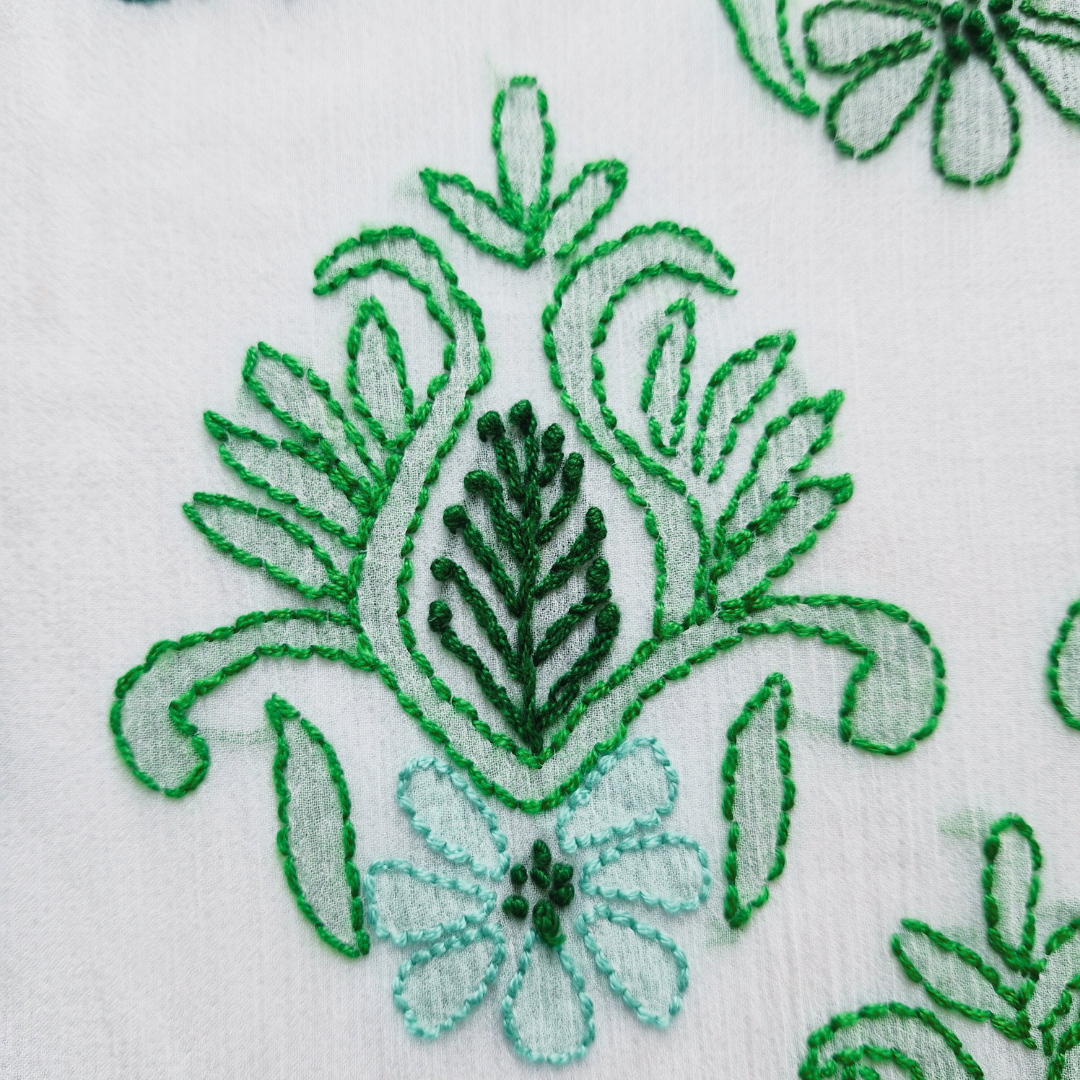 albaas | Shadow Chikankari on Soft Chiffon Shirt's Front and Sleeves with Dupatta Sprayed with Motifs - Unstitched 2PC Suit   | AKCSSD-36550-G-SALAD GREEN