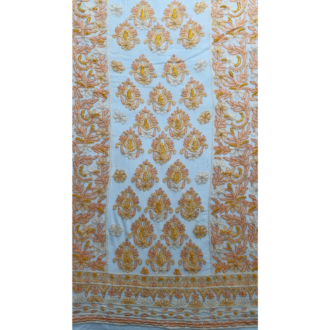 albaas | Shadow Chikankari on Soft Chiffon Shirt's Front and Sleeves with Dupatta Sprayed with Motifs - Unstitched 2PC Suit   | AKCSSD-36550-G-WHITE