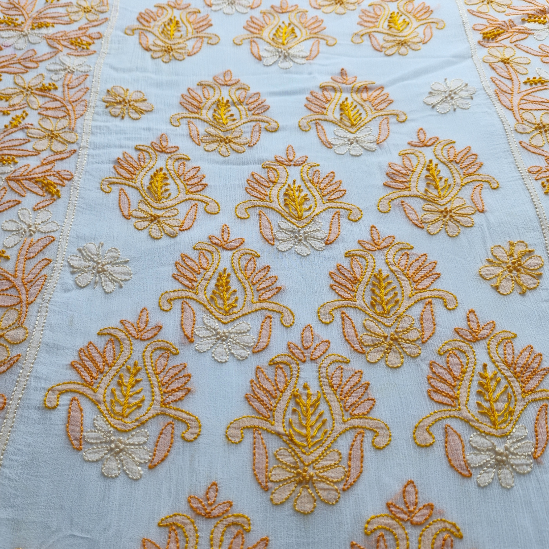 albaas | Shadow Chikankari on Soft Chiffon Shirt's Front and Sleeves with Dupatta Sprayed with Motifs - Unstitched 2PC Suit   | AKCSSD-36550-G-WHITE