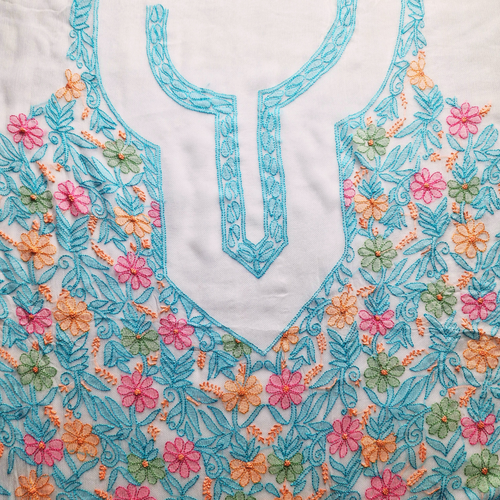 albaas | Shadow Chikankari on Soft Chiffon Shirt's Front and Sleeves with Dupatta Sprayed with Motifs - Unstitched 2PC Suit   | AKCSSD-36550-MULTI-O-WHITE