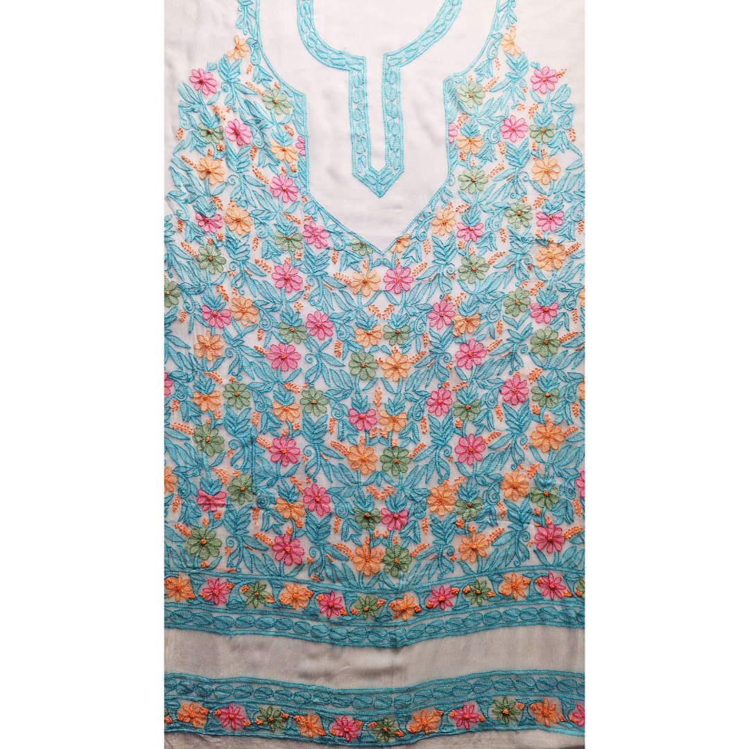 albaas | Shadow Chikankari on Soft Chiffon Shirt's Front and Sleeves with Dupatta Sprayed with Motifs - Unstitched 2PC Suit   | AKCSSD-36550-MULTI-O-WHITE