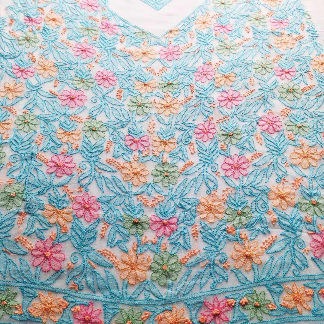 albaas | Shadow Chikankari on Soft Chiffon Shirt's Front and Sleeves with Dupatta Sprayed with Motifs - Unstitched 2PC Suit   | AKCSSD-36550-MULTI-O-WHITE