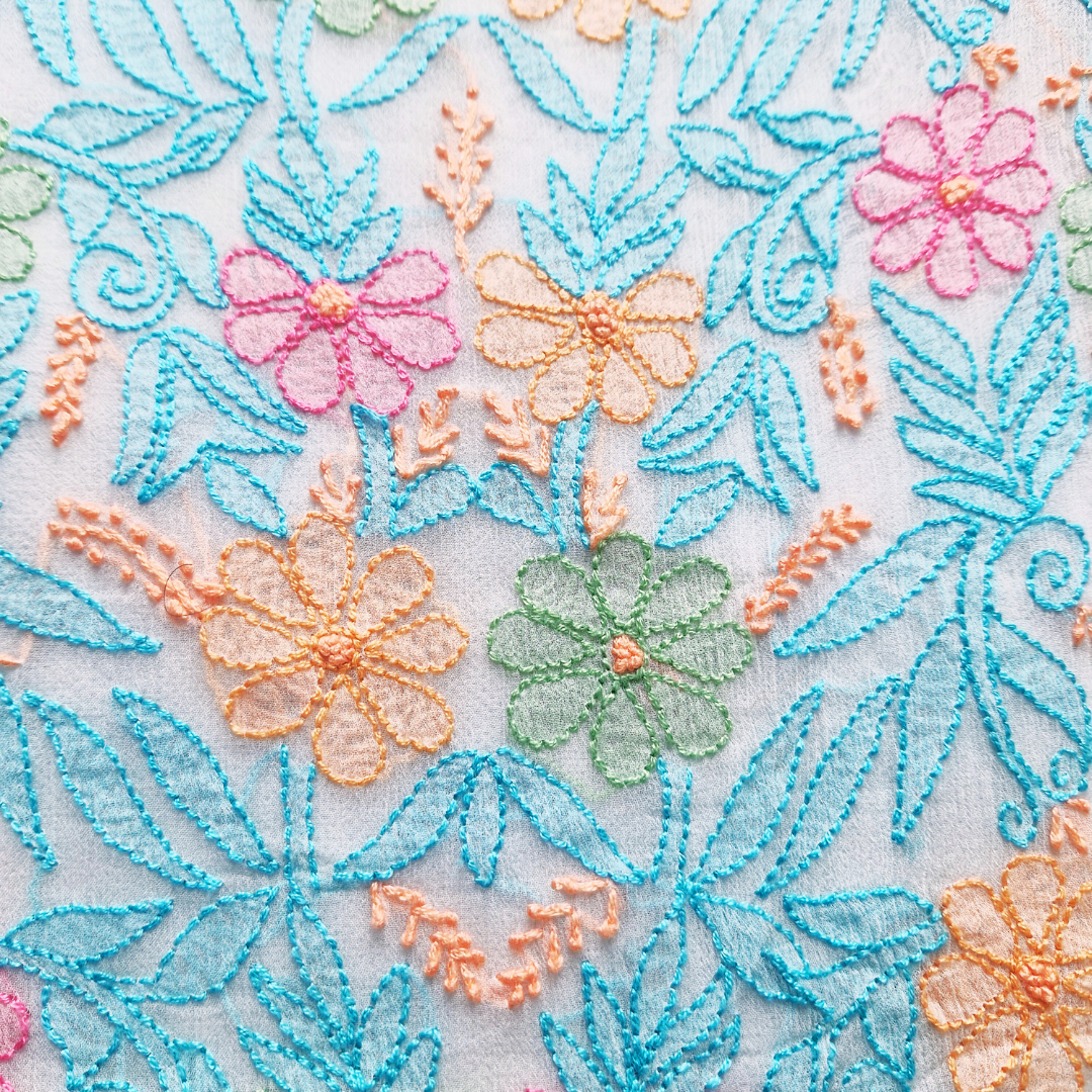 albaas | Shadow Chikankari on Soft Chiffon Shirt's Front and Sleeves with Dupatta Sprayed with Motifs - Unstitched 2PC Suit   | AKCSSD-36550-MULTI-O-WHITE