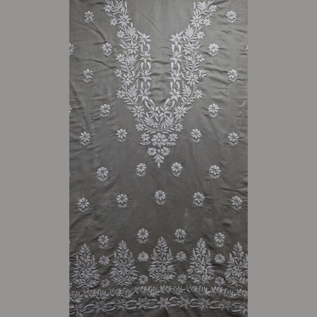 albaas | Lucknavi Chikankari on Karandi Lawn Shirt's Front and Sleeves with Dupatta Sprayed with Motifs - Unstitched 2PC Suit   | AKLCSD-36703-BROWNISH GRAY