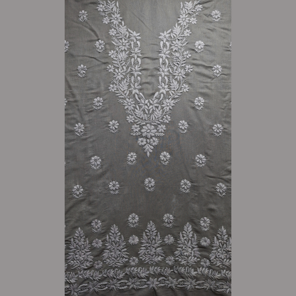 albaas | Lucknavi Chikankari on Karandi Lawn Shirt's Front and Sleeves with Dupatta Sprayed with Motifs - Unstitched 2PC Suit   | AKLCSD-36703-BROWNISH GRAY