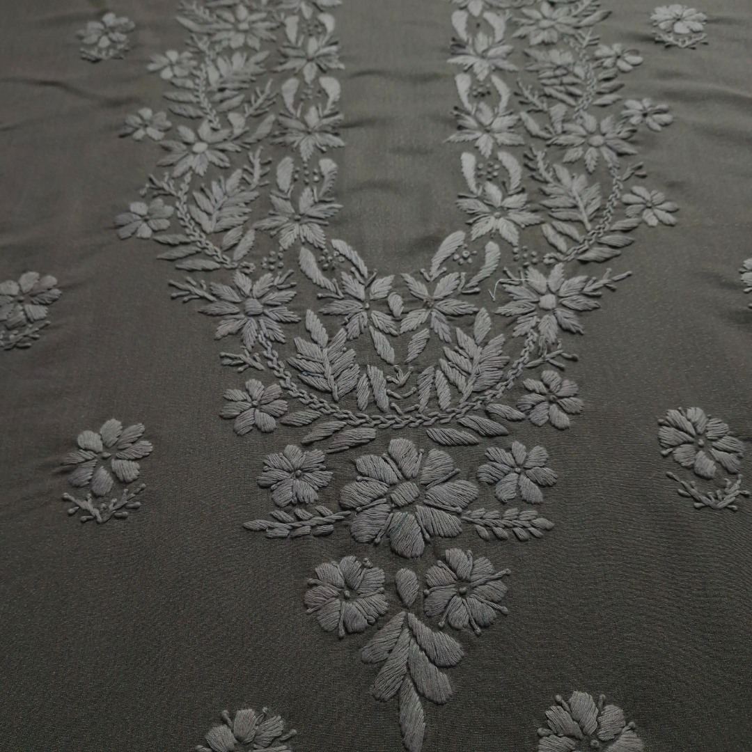 albaas | Lucknavi Chikankari on Karandi Lawn Shirt's Front and Sleeves with Dupatta Sprayed with Motifs - Unstitched 2PC Suit   | AKLCSD-36703-BROWNISH GRAY