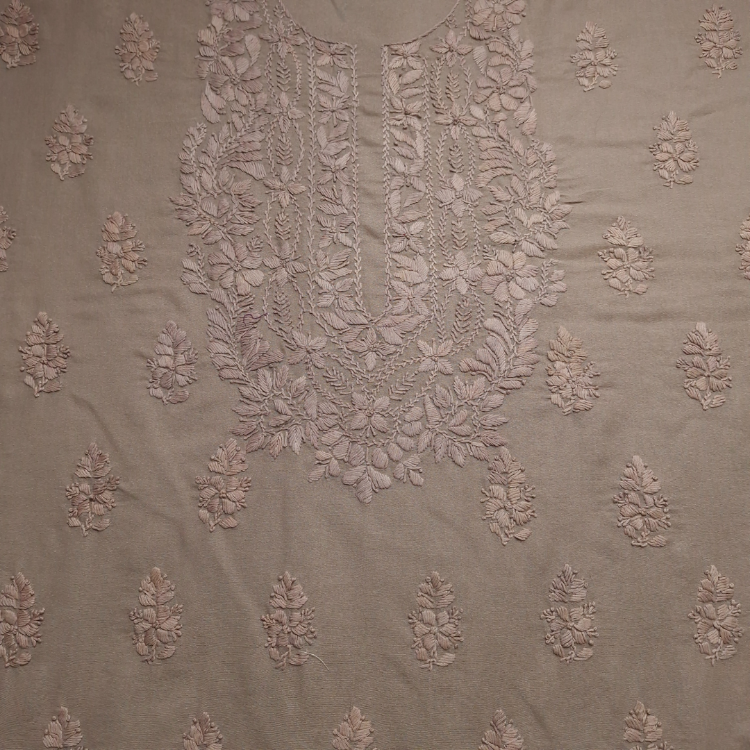 albaas | Lucknavi Chikankari on Karandi Lawn Shirt's Front and Sleeves with Dupatta Sprayed with Motifs - Unstitched 2PC Suit   | AKLCSD-36701-ALMOND