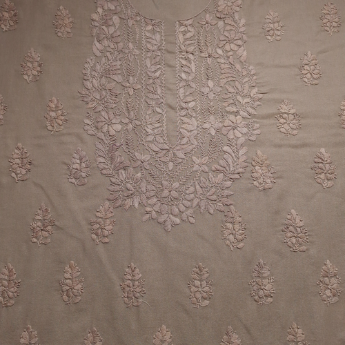 albaas | Lucknavi Chikankari on Karandi Lawn Shirt's Front and Sleeves with Dupatta Sprayed with Motifs - Unstitched 2PC Suit   | AKLCSD-36701-ALMOND