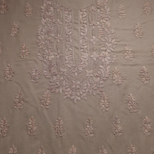 albaas | Lucknavi Chikankari on Karandi Lawn Shirt's Front and Sleeves with Dupatta Sprayed with Motifs - Unstitched 2PC Suit   | AKLCSD-36701-ALMOND