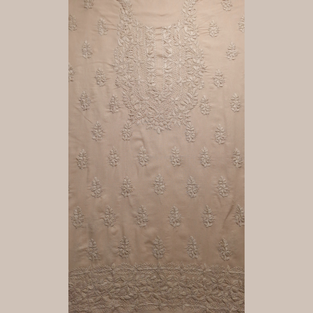 albaas | Lucknavi Chikankari on Karandi Lawn Shirt's Front and Sleeves with Dupatta Sprayed with Motifs - Unstitched 2PC Suit   | AKLCSD-36701-ALMOND