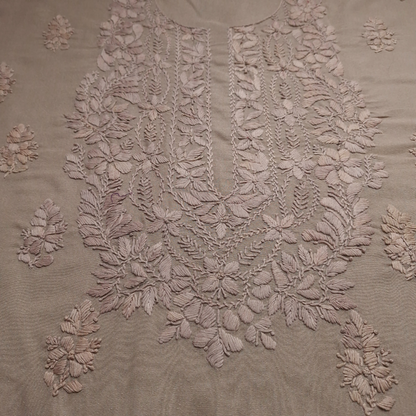 albaas | Lucknavi Chikankari on Karandi Lawn Shirt's Front and Sleeves with Dupatta Sprayed with Motifs - Unstitched 2PC Suit   | AKLCSD-36701-ALMOND