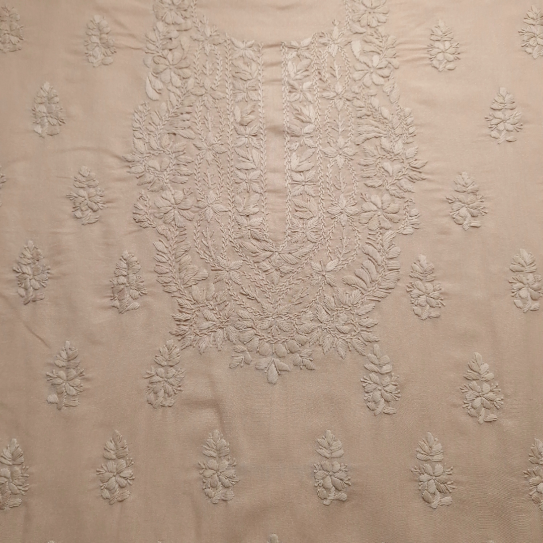 albaas | Lucknavi Chikankari on Karandi Lawn Shirt's Front and Sleeves with Dupatta Sprayed with Motifs - Unstitched 2PC Suit   | AKLCSD-36701-BEIGE