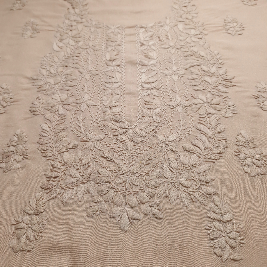 albaas | Lucknavi Chikankari on Karandi Lawn Shirt's Front and Sleeves with Dupatta Sprayed with Motifs - Unstitched 2PC Suit   | AKLCSD-36701-BEIGE