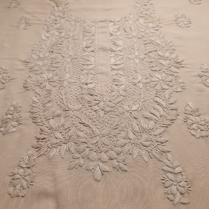 albaas | Lucknavi Chikankari on Karandi Lawn Shirt's Front and Sleeves with Dupatta Sprayed with Motifs - Unstitched 2PC Suit   | AKLCSD-36701-BEIGE
