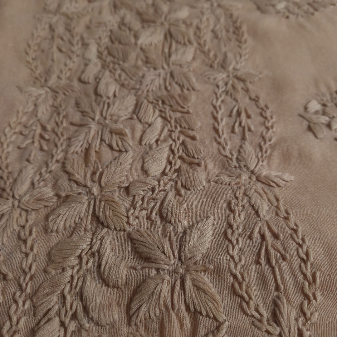 albaas | Lucknavi Chikankari on Karandi Lawn Shirt's Front and Sleeves with Dupatta Sprayed with Motifs - Unstitched 2PC Suit   | AKLCSD-36701-BEIGE