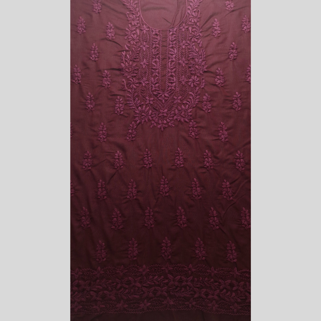 albaas | Lucknavi Chikankari on Karandi Lawn Shirt's Front and Sleeves with Dupatta Sprayed with Motifs - Unstitched 2PC Suit   | AKLCSD-36701-DARK SCARLET