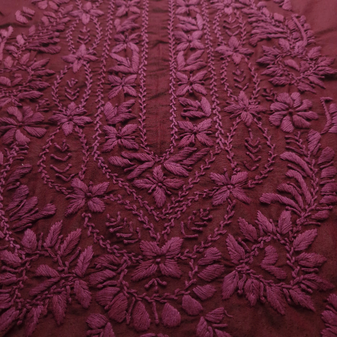 albaas | Lucknavi Chikankari on Karandi Lawn Shirt's Front and Sleeves with Dupatta Sprayed with Motifs - Unstitched 2PC Suit   | AKLCSD-36701-DARK SCARLET