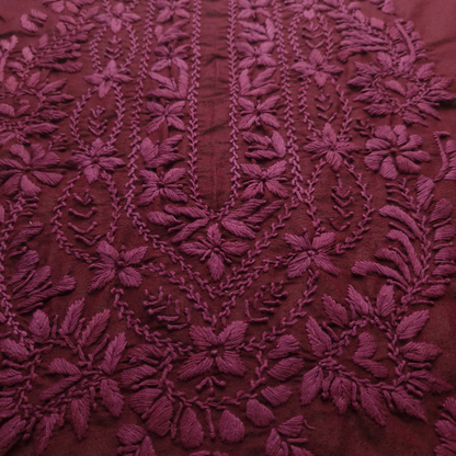 albaas | Lucknavi Chikankari on Karandi Lawn Shirt's Front and Sleeves with Dupatta Sprayed with Motifs - Unstitched 2PC Suit   | AKLCSD-36701-DARK SCARLET