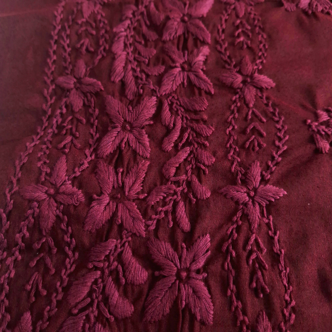 albaas | Lucknavi Chikankari on Karandi Lawn Shirt's Front and Sleeves with Dupatta Sprayed with Motifs - Unstitched 2PC Suit   | AKLCSD-36701-DARK SCARLET