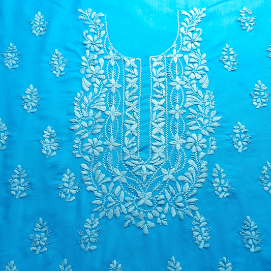 albaas | Lucknavi Chikankari on Karandi Lawn Shirt's Front and Sleeves with Dupatta Sprayed with Motifs - Unstitched 2PC Suit   | AKLCSD-36701-DEEP SKY BLUE