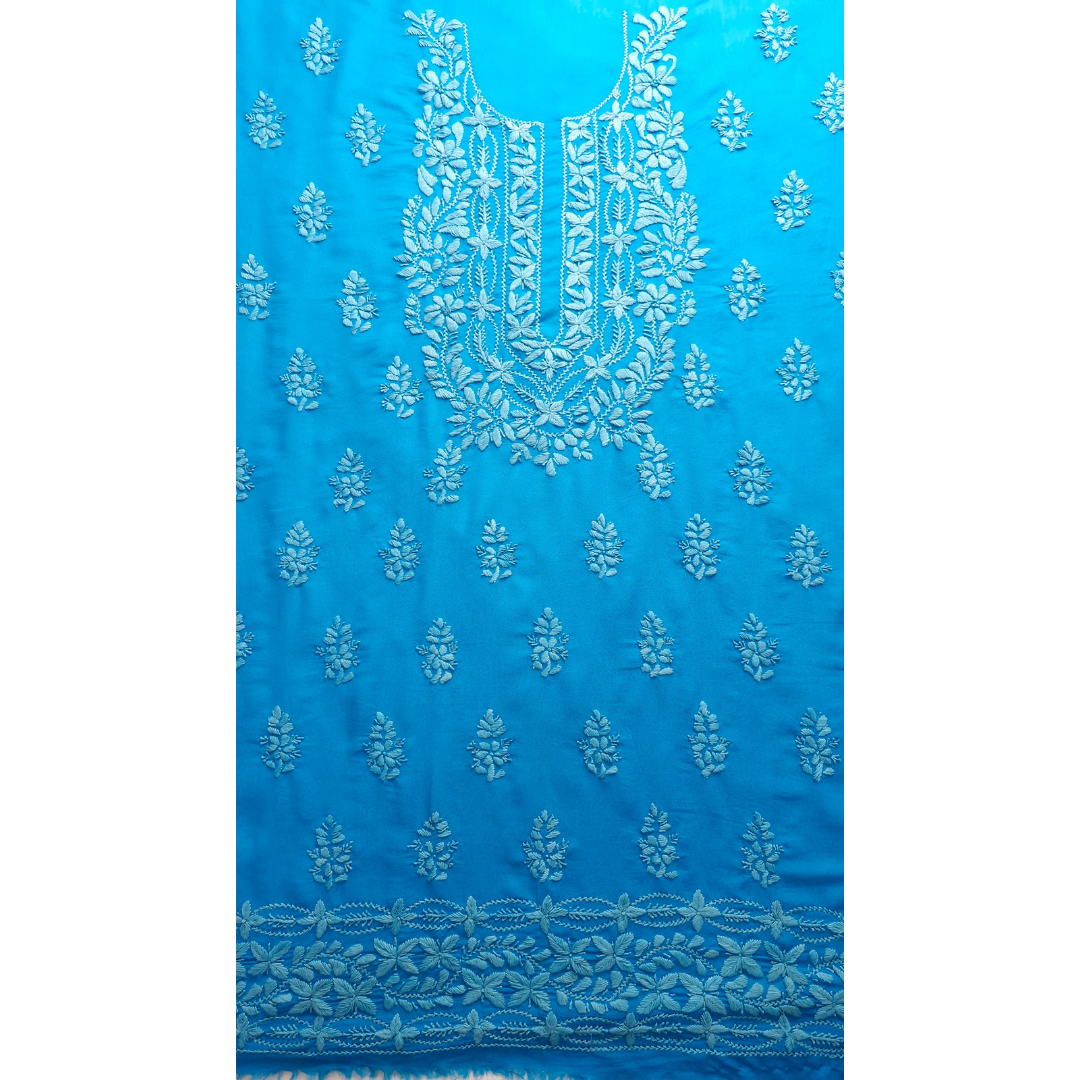 albaas | Lucknavi Chikankari on Karandi Lawn Shirt's Front and Sleeves with Dupatta Sprayed with Motifs - Unstitched 2PC Suit   | AKLCSD-36701-DEEP SKY BLUE