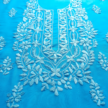 albaas | Lucknavi Chikankari on Karandi Lawn Shirt's Front and Sleeves with Dupatta Sprayed with Motifs - Unstitched 2PC Suit   | AKLCSD-36701-DEEP SKY BLUE