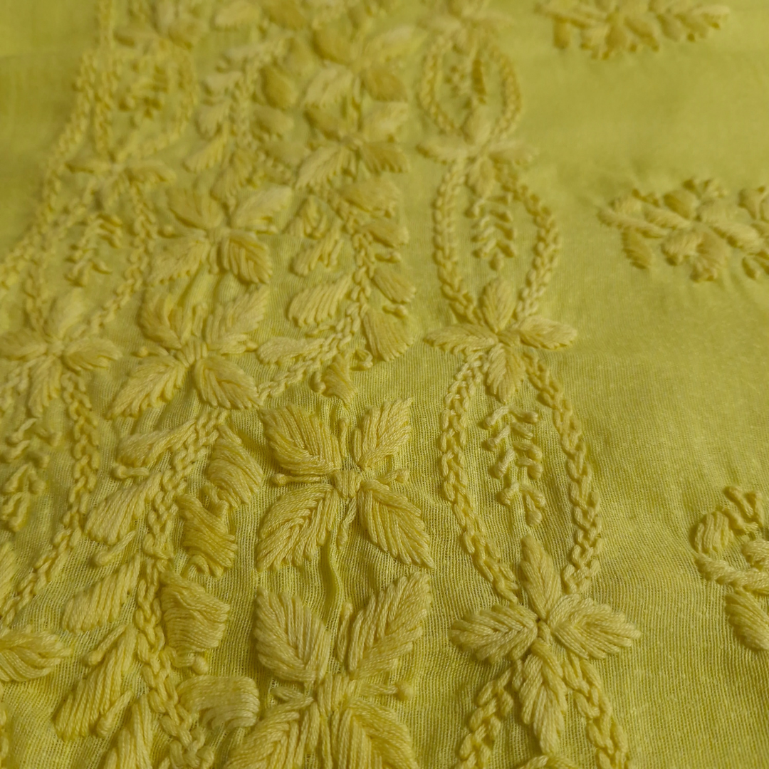 albaas | Lucknavi Chikankari on Karandi Lawn Shirt's Front and Sleeves with Dupatta Sprayed with Motifs - Unstitched 2PC Suit   | AKLCSD-36701-LEMON YELLOW