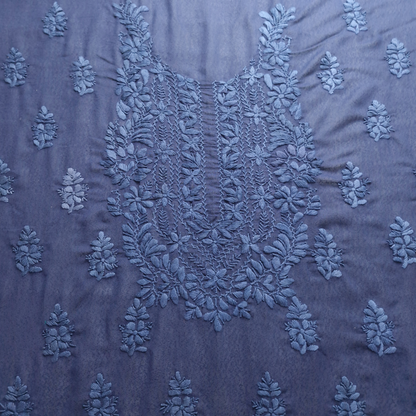 albaas | Lucknavi Chikankari on Karandi Lawn Shirt's Front and Sleeves with Dupatta Sprayed with Motifs - Unstitched 2PC Suit   | AKLCSD-36701-NAVY BLUE