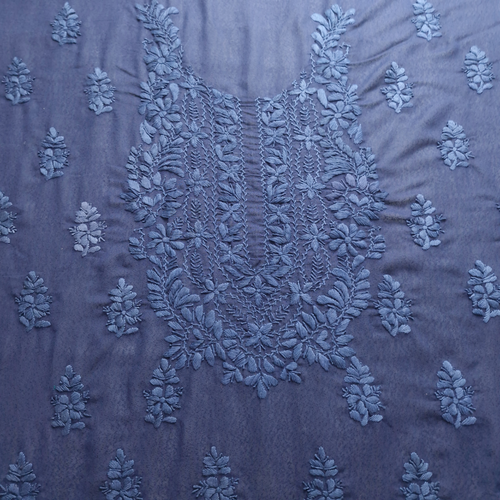 albaas | Lucknavi Chikankari on Karandi Lawn Shirt's Front and Sleeves with Dupatta Sprayed with Motifs - Unstitched 2PC Suit   | AKLCSD-36701-NAVY BLUE
