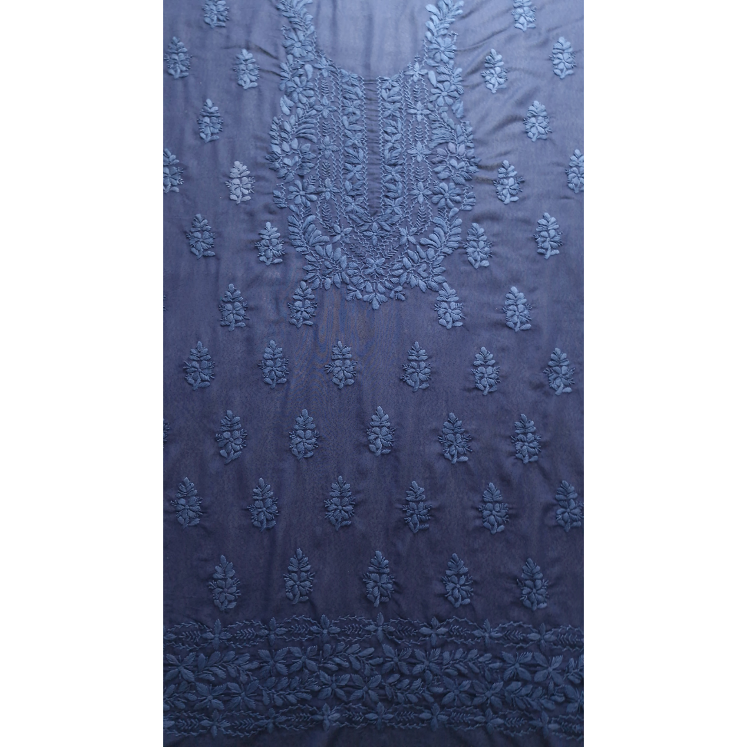albaas | Lucknavi Chikankari on Karandi Lawn Shirt's Front and Sleeves with Dupatta Sprayed with Motifs - Unstitched 2PC Suit   | AKLCSD-36701-NAVY BLUE