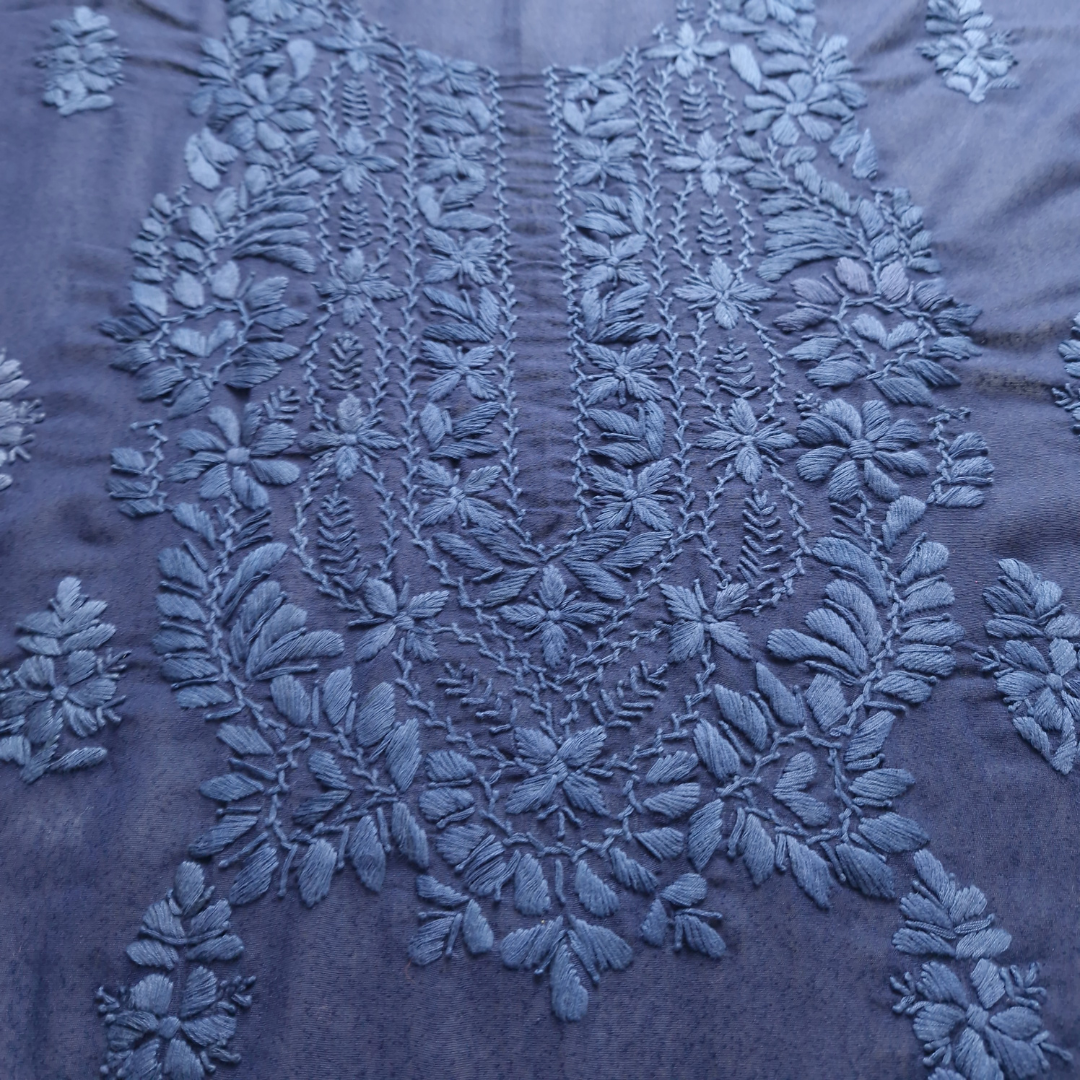 albaas | Lucknavi Chikankari on Karandi Lawn Shirt's Front and Sleeves with Dupatta Sprayed with Motifs - Unstitched 2PC Suit   | AKLCSD-36701-NAVY BLUE