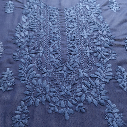 albaas | Lucknavi Chikankari on Karandi Lawn Shirt's Front and Sleeves with Dupatta Sprayed with Motifs - Unstitched 2PC Suit   | AKLCSD-36701-NAVY BLUE