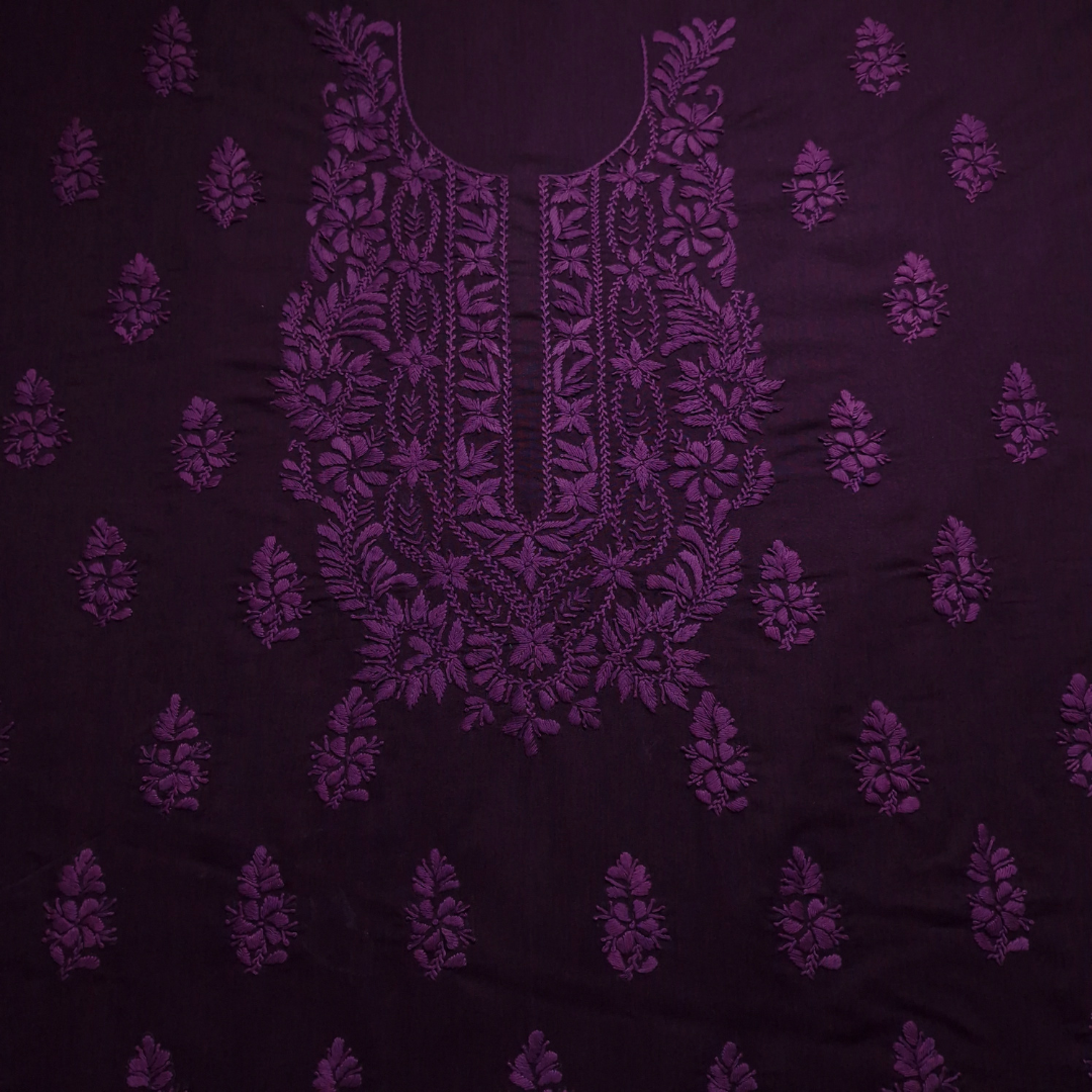 albaas | Lucknavi Chikankari on Karandi Lawn Shirt's Front and Sleeves with Dupatta Sprayed with Motifs - Unstitched 2PC Suit   | AKLCSD-36701-PLUM