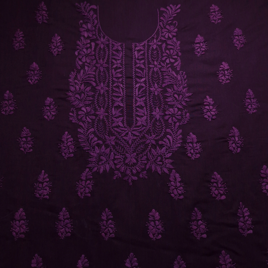 albaas | Lucknavi Chikankari on Karandi Lawn Shirt's Front and Sleeves with Dupatta Sprayed with Motifs - Unstitched 2PC Suit   | AKLCSD-36701-PLUM