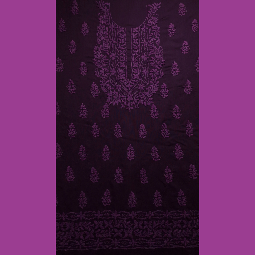 albaas | Lucknavi Chikankari on Karandi Lawn Shirt's Front and Sleeves with Dupatta Sprayed with Motifs - Unstitched 2PC Suit   | AKLCSD-36701-PLUM
