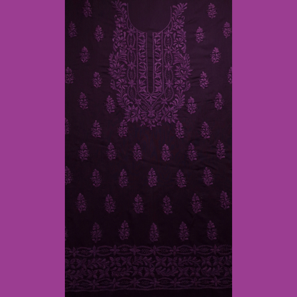 albaas | Lucknavi Chikankari on Karandi Lawn Shirt's Front and Sleeves with Dupatta Sprayed with Motifs - Unstitched 2PC Suit   | AKLCSD-36701-PLUM