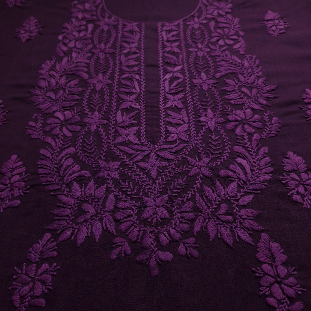 albaas | Lucknavi Chikankari on Karandi Lawn Shirt's Front and Sleeves with Dupatta Sprayed with Motifs - Unstitched 2PC Suit   | AKLCSD-36701-PLUM