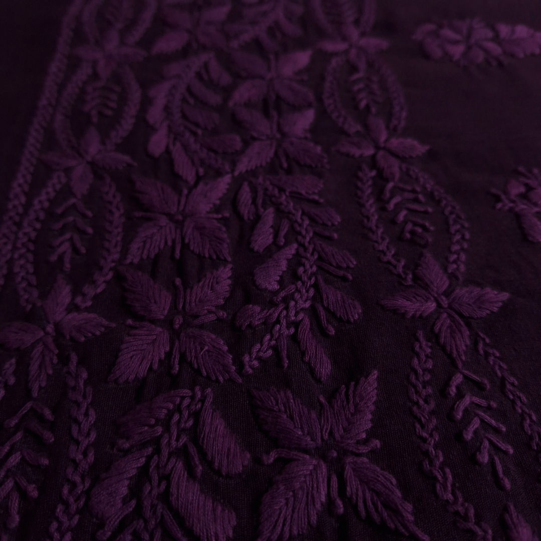 albaas | Lucknavi Chikankari on Karandi Lawn Shirt's Front and Sleeves with Dupatta Sprayed with Motifs - Unstitched 2PC Suit   | AKLCSD-36701-PLUM