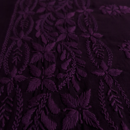 albaas | Lucknavi Chikankari on Karandi Lawn Shirt's Front and Sleeves with Dupatta Sprayed with Motifs - Unstitched 2PC Suit   | AKLCSD-36701-PLUM