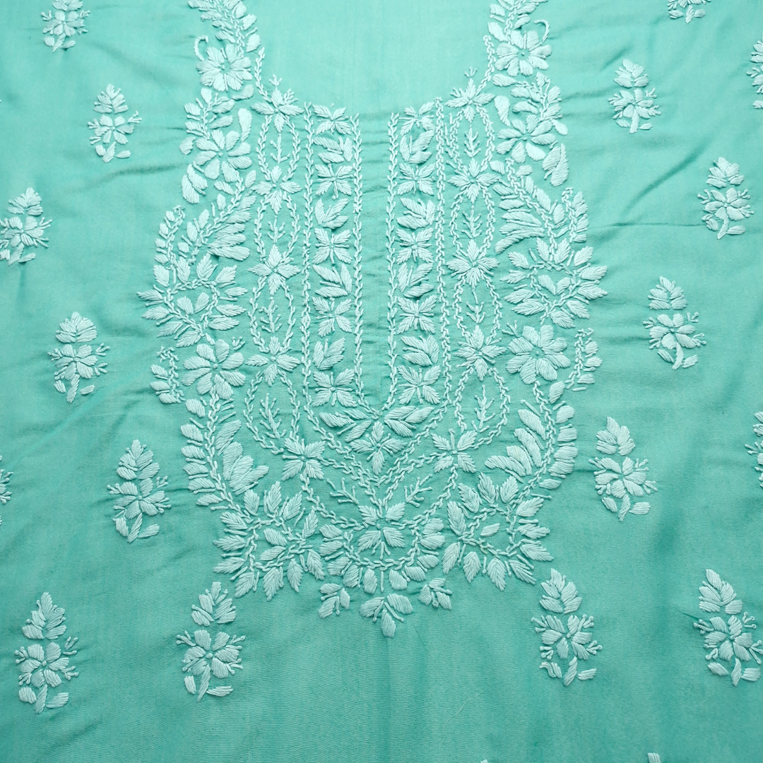 albaas | Lucknavi Chikankari on Karandi Lawn Shirt's Front and Sleeves with Dupatta Sprayed with Motifs - Unstitched 2PC Suit   | AKLCSD-36701-SEA GREEN