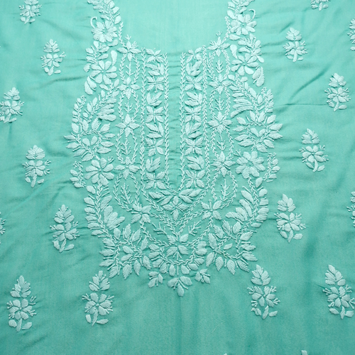 albaas | Lucknavi Chikankari on Karandi Lawn Shirt's Front and Sleeves with Dupatta Sprayed with Motifs - Unstitched 2PC Suit   | AKLCSD-36701-SEA GREEN
