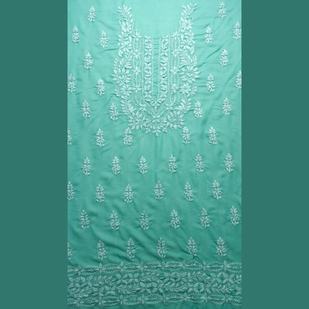 albaas | Lucknavi Chikankari on Karandi Lawn Shirt's Front and Sleeves with Dupatta Sprayed with Motifs - Unstitched 2PC Suit   | AKLCSD-36701-SEA GREEN