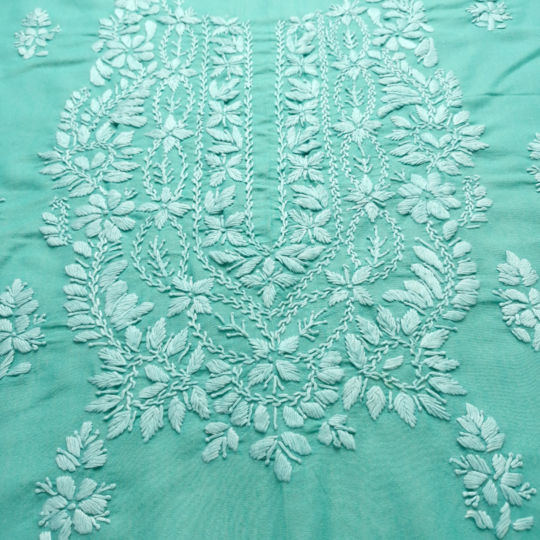 albaas | Lucknavi Chikankari on Karandi Lawn Shirt's Front and Sleeves with Dupatta Sprayed with Motifs - Unstitched 2PC Suit   | AKLCSD-36701-SEA GREEN