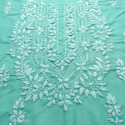 albaas | Lucknavi Chikankari on Karandi Lawn Shirt's Front and Sleeves with Dupatta Sprayed with Motifs - Unstitched 2PC Suit   | AKLCSD-36701-SEA GREEN