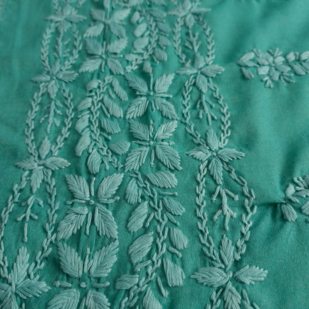 albaas | Lucknavi Chikankari on Karandi Lawn Shirt's Front and Sleeves with Dupatta Sprayed with Motifs - Unstitched 2PC Suit   | AKLCSD-36701-SEA GREEN