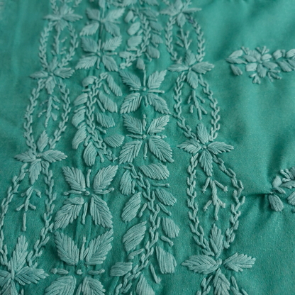 albaas | Lucknavi Chikankari on Karandi Lawn Shirt's Front and Sleeves with Dupatta Sprayed with Motifs - Unstitched 2PC Suit   | AKLCSD-36701-SEA GREEN