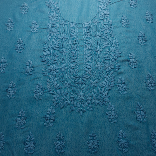 albaas | Lucknavi Chikankari on Karandi Lawn Shirt's Front and Sleeves with Dupatta Sprayed with Motifs - Unstitched 2PC Suit   | AKLCSD-36701-TEAL BLUE