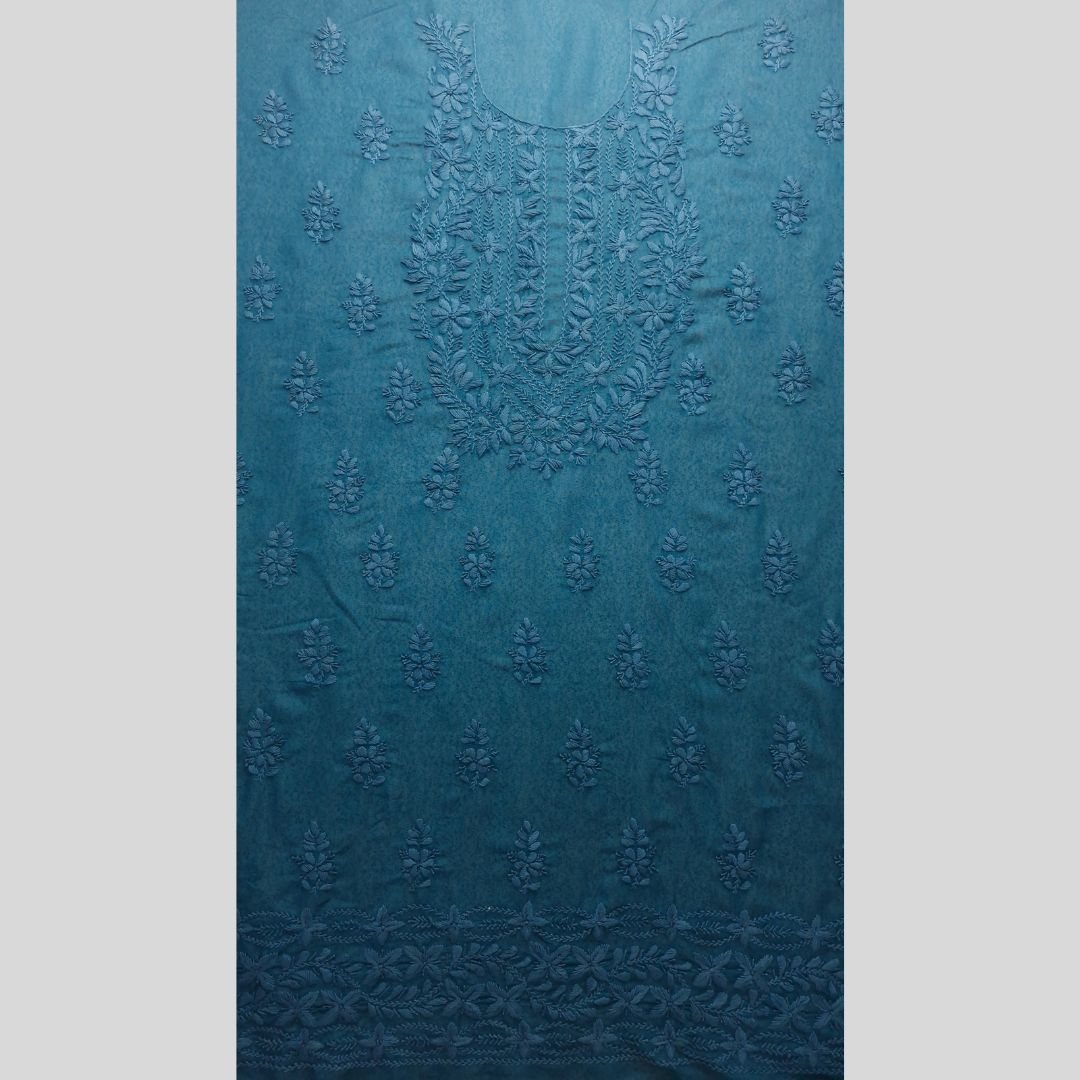 albaas | Lucknavi Chikankari on Karandi Lawn Shirt's Front and Sleeves with Dupatta Sprayed with Motifs - Unstitched 2PC Suit   | AKLCSD-36701-TEAL BLUE