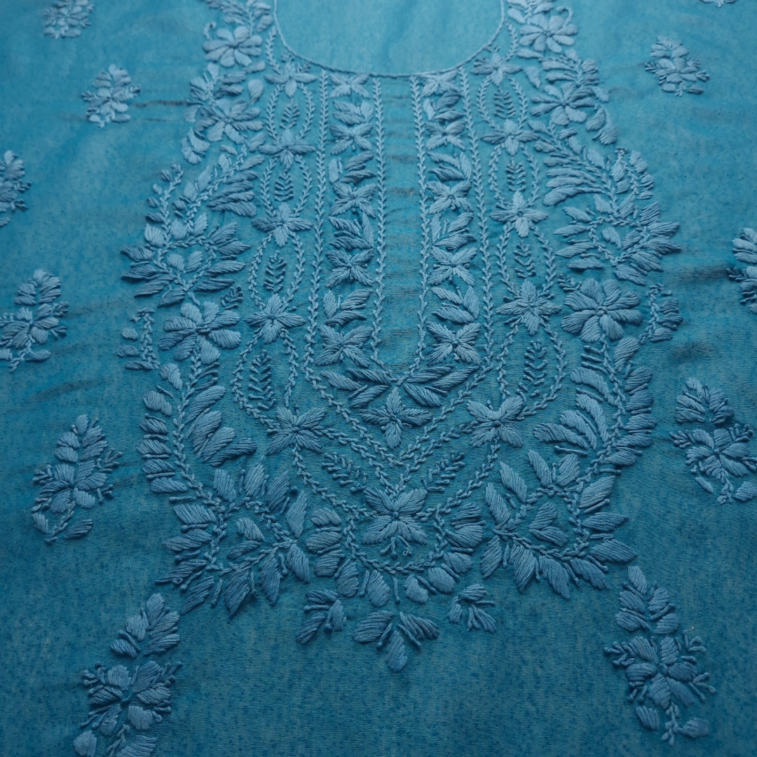 albaas | Lucknavi Chikankari on Karandi Lawn Shirt's Front and Sleeves with Dupatta Sprayed with Motifs - Unstitched 2PC Suit   | AKLCSD-36701-TEAL BLUE