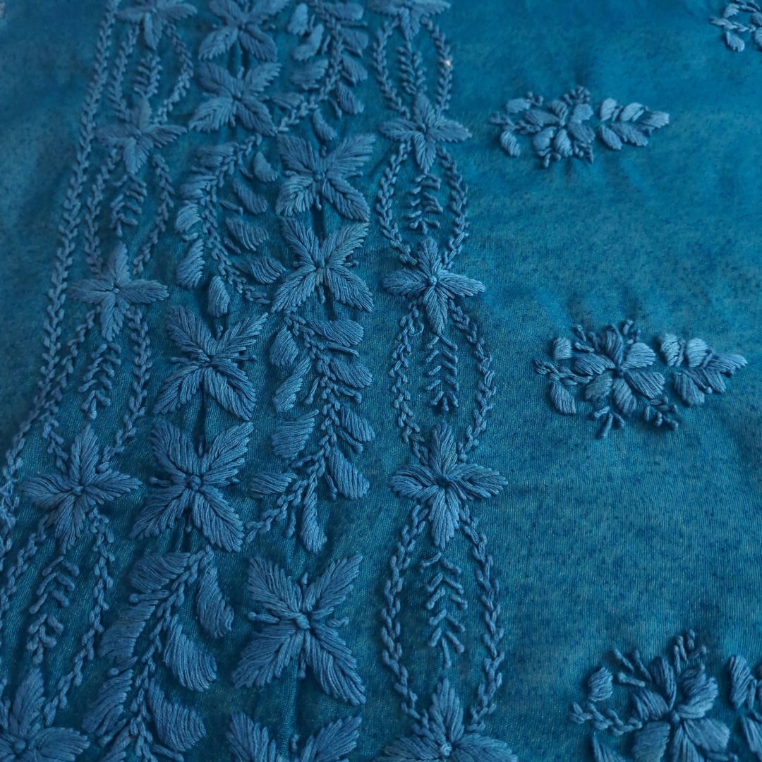 albaas | Lucknavi Chikankari on Karandi Lawn Shirt's Front and Sleeves with Dupatta Sprayed with Motifs - Unstitched 2PC Suit   | AKLCSD-36701-TEAL BLUE